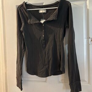 Free People We The Free Ribbed Long Sleeve Henley in Charcoal